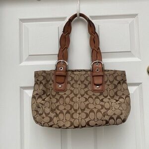 Coach Tan & Brown Signature Shoulder Bag w/ Braided Straps & Zip Top Closure